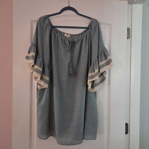 Umgee Blue Dress With Bell Ruffled Sleeves With Off White Lace